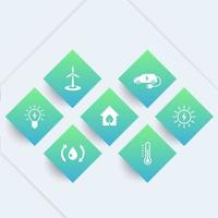 icônes de maison écologique verte, technologies modernes, écologiques et économes en énergie, pictogrammes sur des formes géométriques vecteur