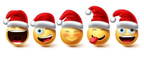 jeu de vecteurs emoji de Noël. personnages de noël emojis portant une collection d'icônes de chapeau rouge santa isolée sur fond blanc pour les éléments de conception graphique. illustration vectorielle. vecteur