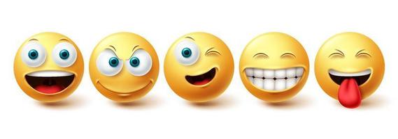 ensemble de vecteurs heureux emoji. les emojis font face à une émoticône jaune avec des expressions faciales drôles, clignotantes et coquines isolées sur fond blanc pour les éléments de conception. illustration vectorielle vecteur