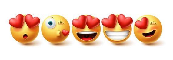 emoji dans l'ensemble de vecteurs de visage d'amour. collection d'emojis dans les baisers, l'amour et les expressions faciales heureuses isolées sur fond blanc pour les éléments de conception d'émoticônes. illustration vectorielle vecteur