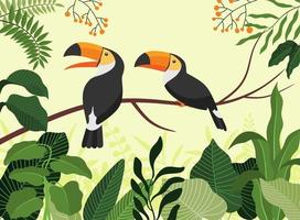 oiseaux toucan sur des branches tropicales avec des feuilles. vecteur
