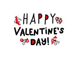 doodle lettrage carte joyeuse saint valentin avec des formes géométriques. affiche du jour de l'amour pour carte postale, t-shirts, sacs, tasses et plus encore en noir et rouge. illustration vectorielle dessinés à la main vecteur