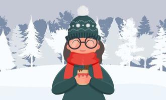 une fille dans une forêt enneigée boit une boisson chaude. une femme en vêtements d'hiver chauds tient une tasse dans ses mains. carte postale toute faite pour un thème d'hiver. illustration vectorielle. vecteur