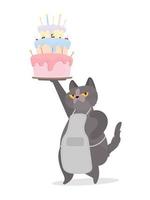 chat drôle tient un cupcake festif. bonbons à la crème, muffin, dessert festif, confiserie. bon pour les cartes, les t-shirts et les autocollants. style plat. vecteur. vecteur