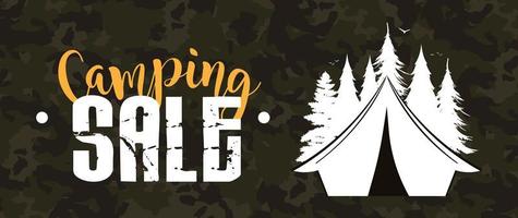 bannière de vente de camping. logo de camping avec tente et silhouette de forêt. vecteur. vecteur