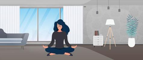 la fille médite dans la pièce. fille faisant du yoga. illustration vectorielle. vecteur
