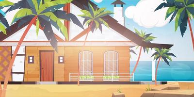 villa sur une plage de sable avec palmiers. concept de vacances d'été. illustration vectorielle. style de bande dessinée. vecteur