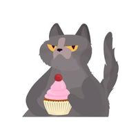 chat drôle tient un cupcake festif. bonbons à la crème, muffin, dessert festif, confiserie. bon pour les cartes, les t-shirts et les autocollants. style plat. vecteur. vecteur