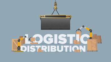 bannière de distribution logistique. une grue soulève un conteneur de fret. lettrage sur un thème industriel. cartons. concept de fret et de livraison. vecteur. vecteur