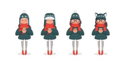 une fille dans un bonnet d'hiver et une écharpe rouge tient une boisson chaude dans ses mains. fille en bottes rouges et collants rayés. concept d'hiver, de noël et du nouvel an. ensemble d'illustrations vectorielles. vecteur