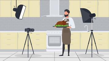 un homme cuisinier dans la cuisine a un blog culinaire. le gars dans le tablier de cuisine tient du poulet frit. vecteur. vecteur