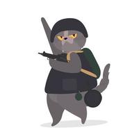 un chat drôle avec un regard sérieux tient un pistolet dans ses pattes. un chat en uniforme militaire tient une arme. bon pour les autocollants, les t-shirts et les cartes. isolé. vecteur. vecteur