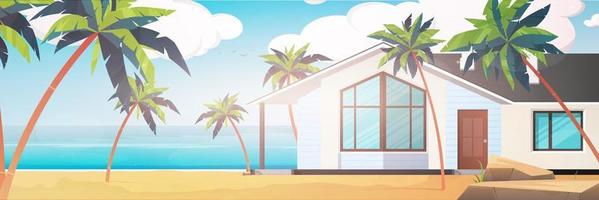 un hôtel sur une mer bleue, propre et calme. villa sur une plage de sable avec palmiers. concept de vacances d'été. illustration vectorielle.