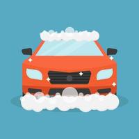 illustration vectorielle de lavage de voiture sur fond bleu, voiture rouge lavée avec du savon vecteur