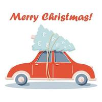 voiture rouge à vecteur plat avec illustration de doodle de sapin de Noël, joyeux Noël, idée de carte de voeux, art mural, t-shirt, vêtements imprimables isolés sur blanc