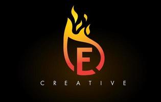 icône de conception de logo de lettre e de flamme avec des couleurs et des flammes jaunes oranges vecteur