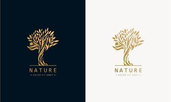 conception de modèle d'icône de logo d'arbre dessiné à la main de vecteur. symbole de ligne naturelle de plante de jardin, silhouette. branches avec signe d'affaires de feuilles. luxe doré vecteur