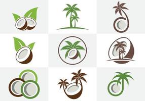 noix de coco moderne créative avec modèle de conception de logo de signe de feuilles. jeu d'icônes