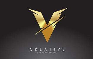 création de logo de lettre v doré avec des coupes créatives. vecteur