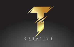 création de logo de lettre t dorée avec des coupes créatives. vecteur