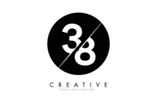 Création de logo à 38 3 8 chiffres avec une coupe créative et un fond de cercle noir. vecteur