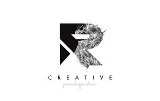 Icône de conception de logo lettre r avec texture grunge artistique en noir et blanc vecteur