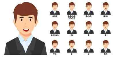 bel homme d'affaires personnage de dessin animé parlant bouche et lèvres expressions animations vectorielles poses bouche parler animation mouvement pratique anglais dire démonté lettre séparée vecteur