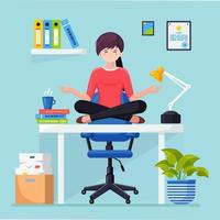 femme faisant du yoga sur le lieu de travail au bureau. travailleur assis dans la pose de lotus padmasana sur le bureau, méditant, se relaxant, se calmer et gérer le stress. design plat de vecteur