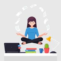 femme faisant du yoga sur le lieu de travail au bureau. un travailleur assis dans une pose de lotus padmasana sur un bureau avec du papier volant, méditant, se relaxant, se calme et gère le stress. design plat de vecteur