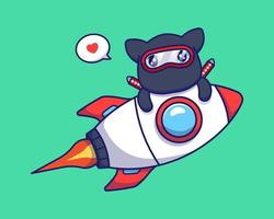 chat ninja mignon sur une fusée volante vecteur