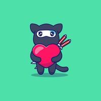 mignon chat ninja étreignant ballon d'amour vecteur
