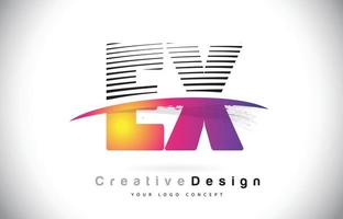 création de logo ex ex lettre avec des lignes créatives et swosh en couleur de pinceau violet. vecteur