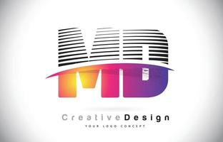 création de logo de lettre md md avec des lignes créatives et swosh en couleur de pinceau violet. vecteur