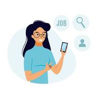 fille cherche un emploi. concept de recherche d'emploi et d'emploi. femme avec smartphone. vecteur