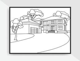 illustration d'art en ligne dessinée à la main du paysage de la maison pour la page de coloriage vecteur
