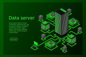 concept de gestion de réseau de données .vector carte isométrique avec des ordinateurs et des périphériques de serveurs de réseau d'entreprise vecteur