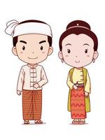 couple de personnages de dessins animés en costume traditionnel du Myanmar. vecteur