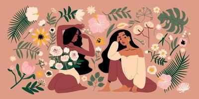 femmes avec illustration de fleurs vecteur