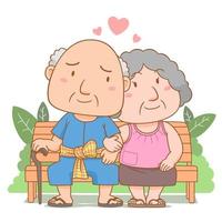 illustration de dessin animé de grands-parents amoureux assis sur un banc de jardin. journée nationale des grands-parents. vecteur