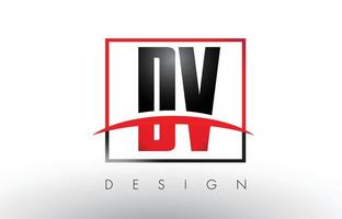 Lettres du logo dv dv avec des couleurs rouges et noires et swoosh. vecteur