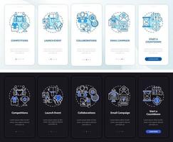 attirer les clients vers des conseils sur les produits lors de l'intégration de l'écran de la page de l'application mobile. instructions graphiques pas à pas en 5 étapes avec des concepts. modèle vectoriel ui, ux, gui avec illustrations linéaires en mode jour et nuit