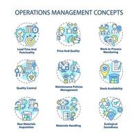 ensemble d'icônes de concept de gestion des opérations. délais, ponctualité. prix et qualité. Idée de contrôle de l'efficacité de la production illustrations en couleur de ligne mince. dessins de contour isolés vectoriels. trait modifiable vecteur