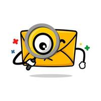 concept de courrier électronique de recherche. Visage de dessin animé mignon courrier isolé tenant illustration vectorielle de loupe vecteur