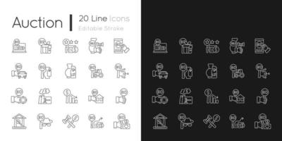 icônes linéaires d'enchères définies pour le mode sombre et clair. négociation concurrentielle. enchérir pour l'article. ventes publiques. symboles de ligne mince personnalisables. illustrations de contour de vecteur isolé. trait modifiable