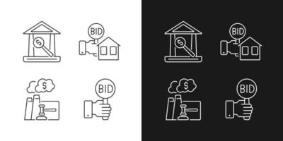 négociation pour les icônes linéaires de propriété définies pour les modes sombre et clair. vente immobilière. enchères d'émissions. enchère. symboles de ligne mince personnalisables. illustrations de contour de vecteur isolé. trait modifiable