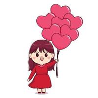 fille de la saint valentin avec une robe rouge et des ballons design de personnage mignon kawaii chibi vecteur