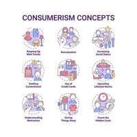 Ensemble d'icônes de concept de consommation. achats insensés. raisons d'acheter plus. dépenser de l'argent. idée d'achat excessif illustrations en couleur de ligne mince. dessins de contour isolés vectoriels. trait modifiable vecteur