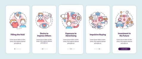 raisons du consumérisme lors de l'intégration de l'écran de la page de l'application mobile. désir d'acheter des instructions graphiques pas à pas en 5 étapes avec des concepts. modèle vectoriel ui, ux, gui avec illustrations linéaires en couleurs