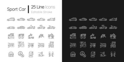 icônes linéaires de course automobile définies pour les modes sombre et clair. conduire des voitures de sport. technologie automobile de pointe. symboles de ligne mince personnalisables. illustrations de contour de vecteur isolé. trait modifiable