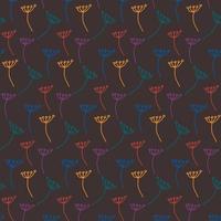 motif harmonieux d'éléments floraux colorés dessinés à la main dans les tendances de couleur sur fond sombre. vecteur